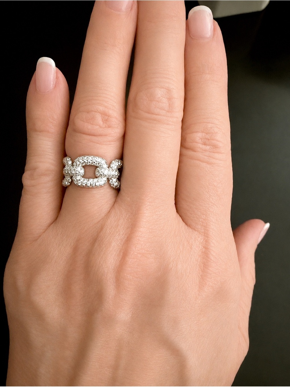Pave Link Ring - Moissanite and Sterling Silver. Size 5.5